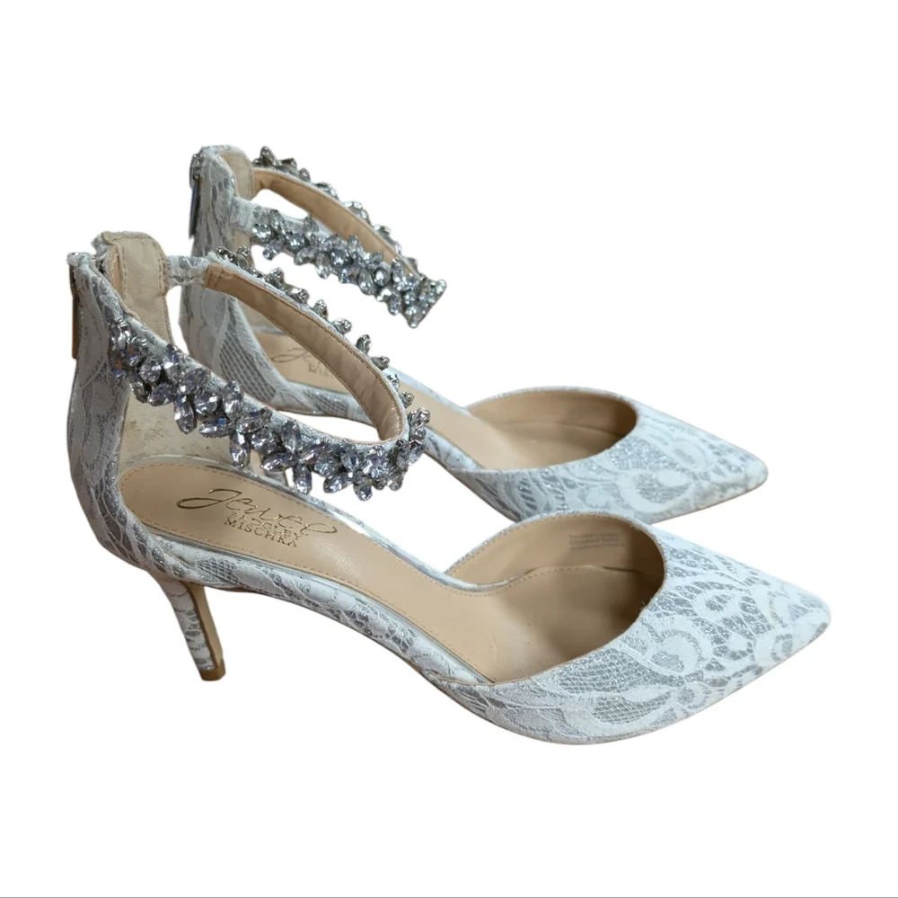 Jewel Badgley Mischka Lace d'Orsay Heels with Crystal Ankle Strap Size 6 Wedding - Picture 14 of 14